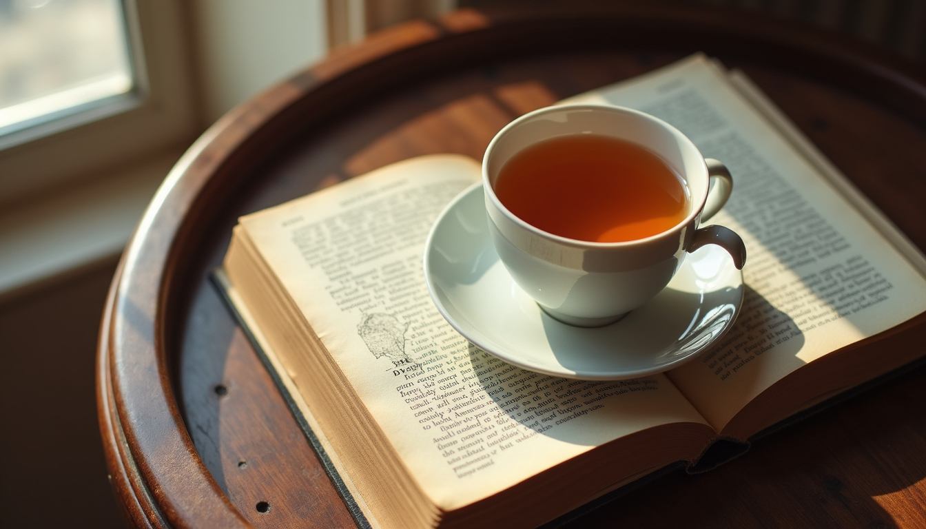 High angle view of a cup of tea and a book on a side table