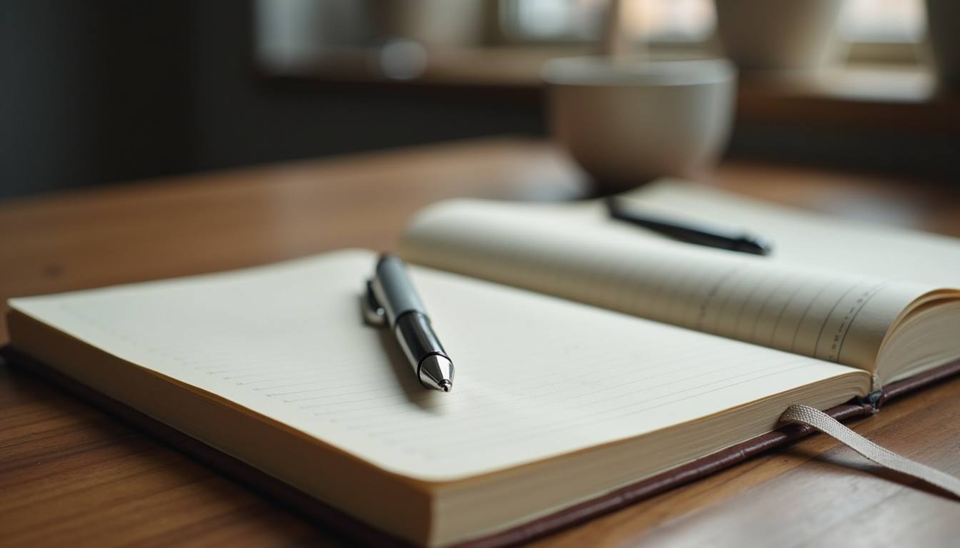 Close-up view of a journal and pen on a wooden table